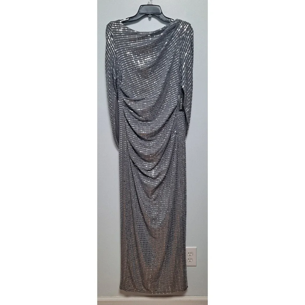 NWT Size 12 R&M Richards Full Length‎ Back Sleeve Silver Metalllic Gown